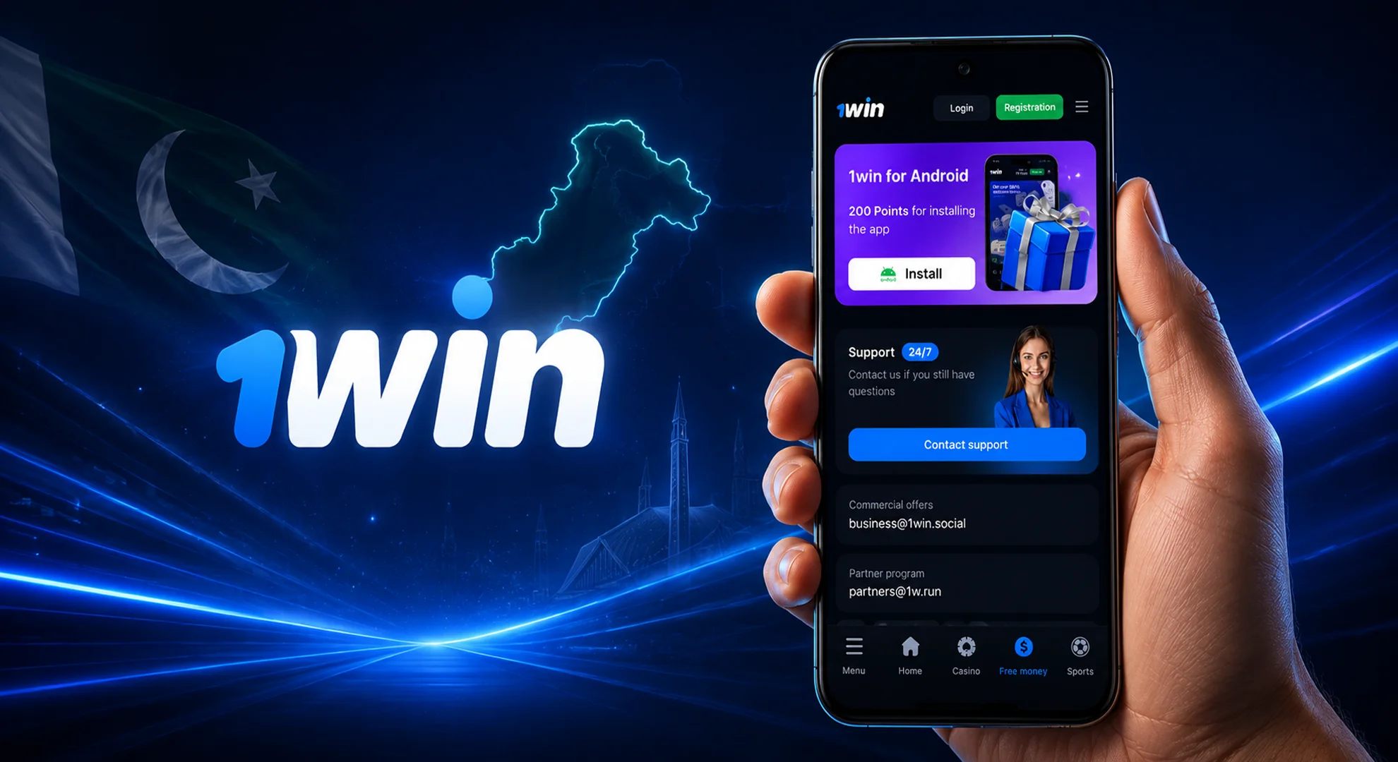 android-installation Hand holding an Android smartphone displaying the official 1win app download page alongside a neon logo.