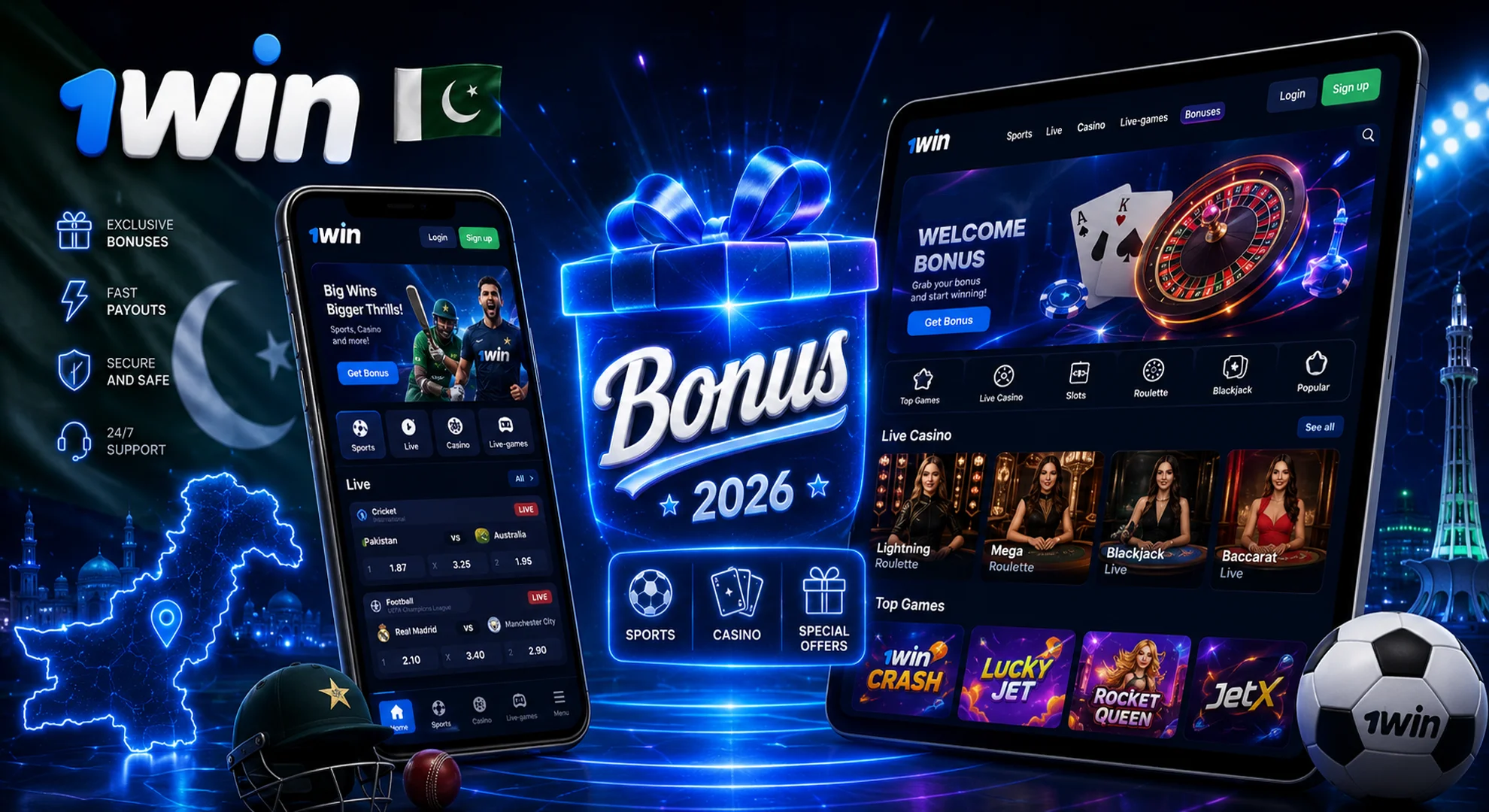bonuses-and-promotions-2026 1win bonuses and promotions 2026 advertising banner featuring a smartphone, tablet, and a prominent Bonus offer.