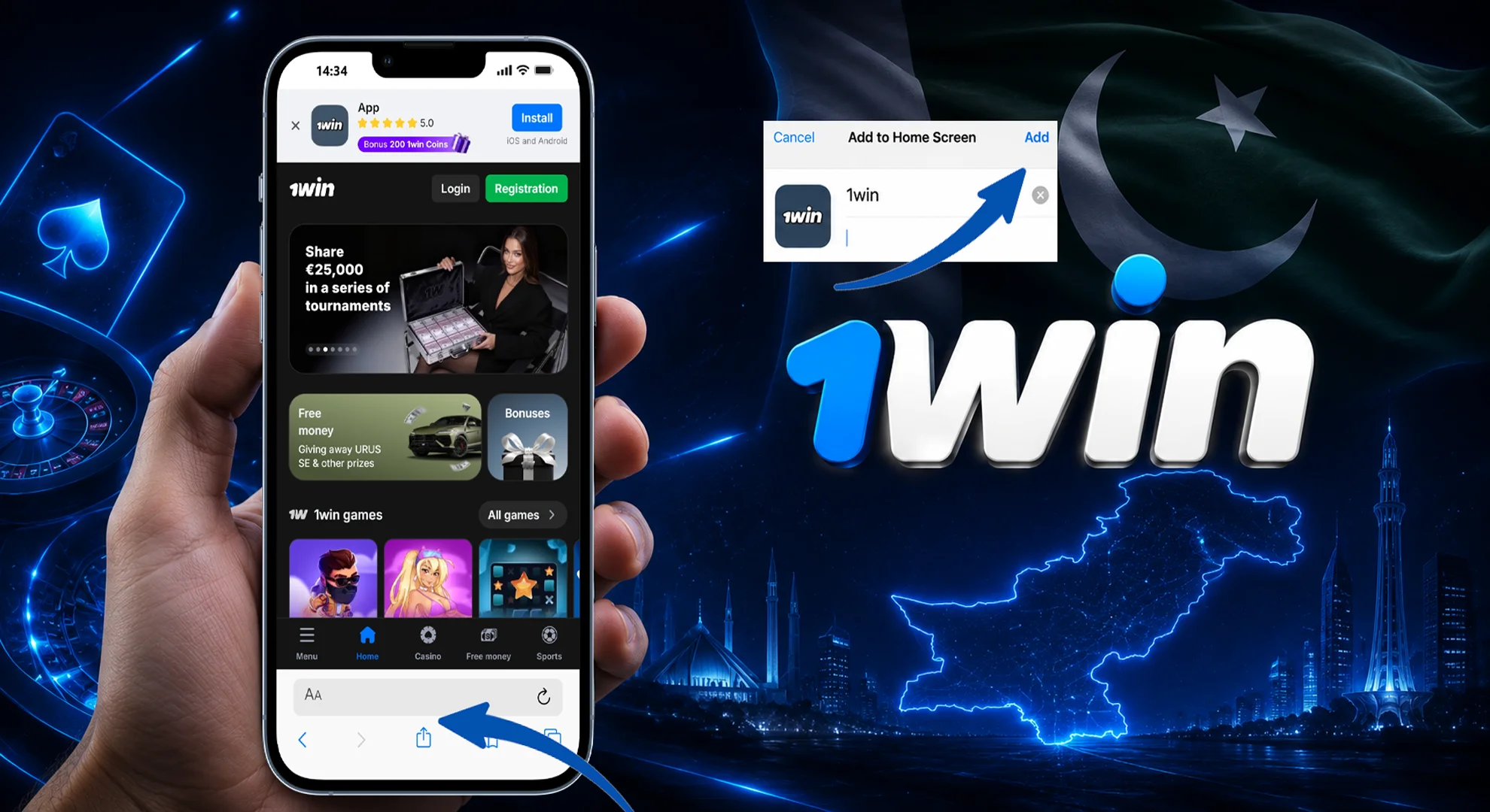 ios-installation Hand holding an iPhone showing the 1win iOS app download screen next to a neon 1win logo.