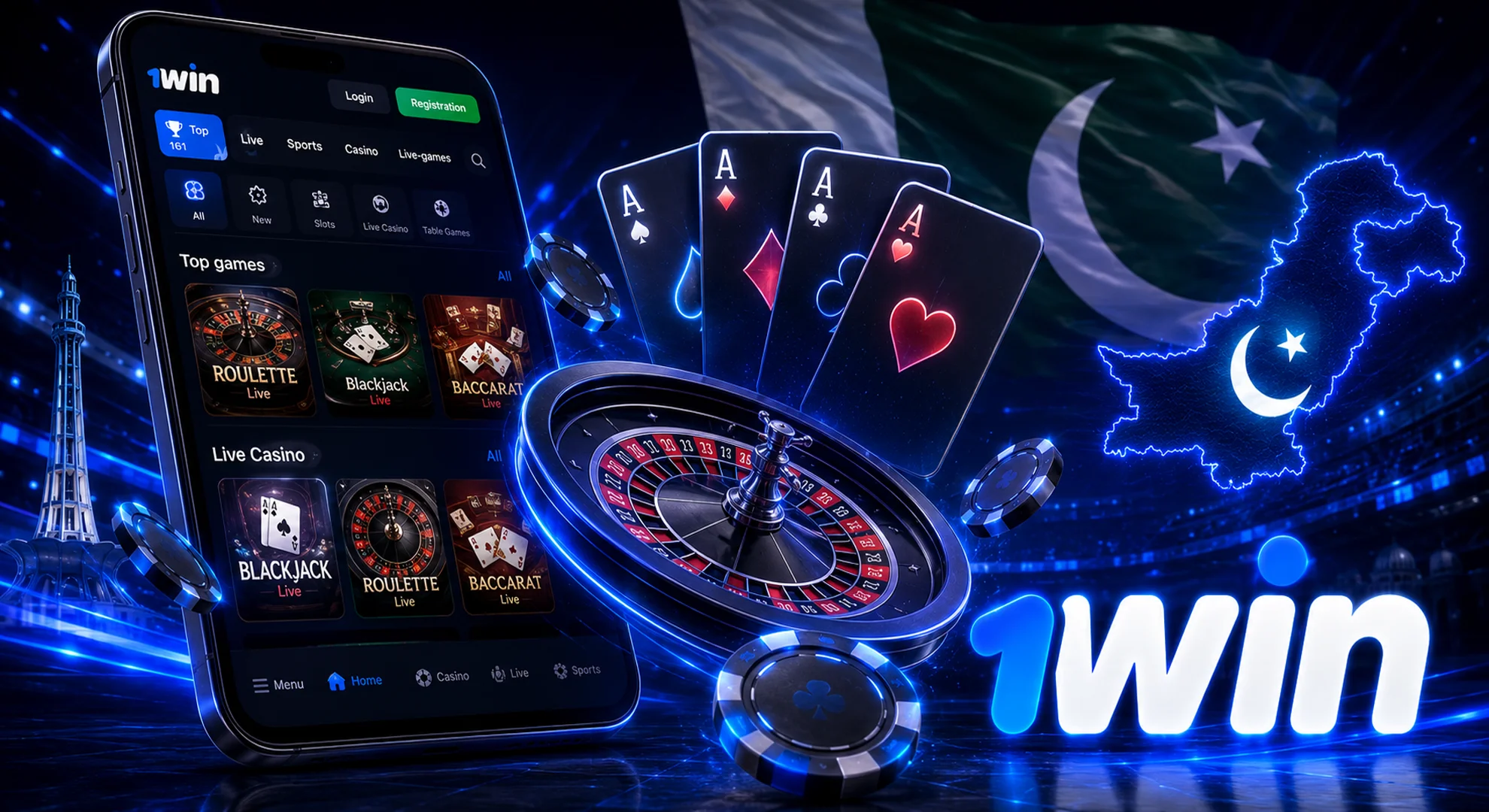 online-casino-games 3D playing cards and a roulette wheel emerging from a mobile phone screen for 1win online casino games.