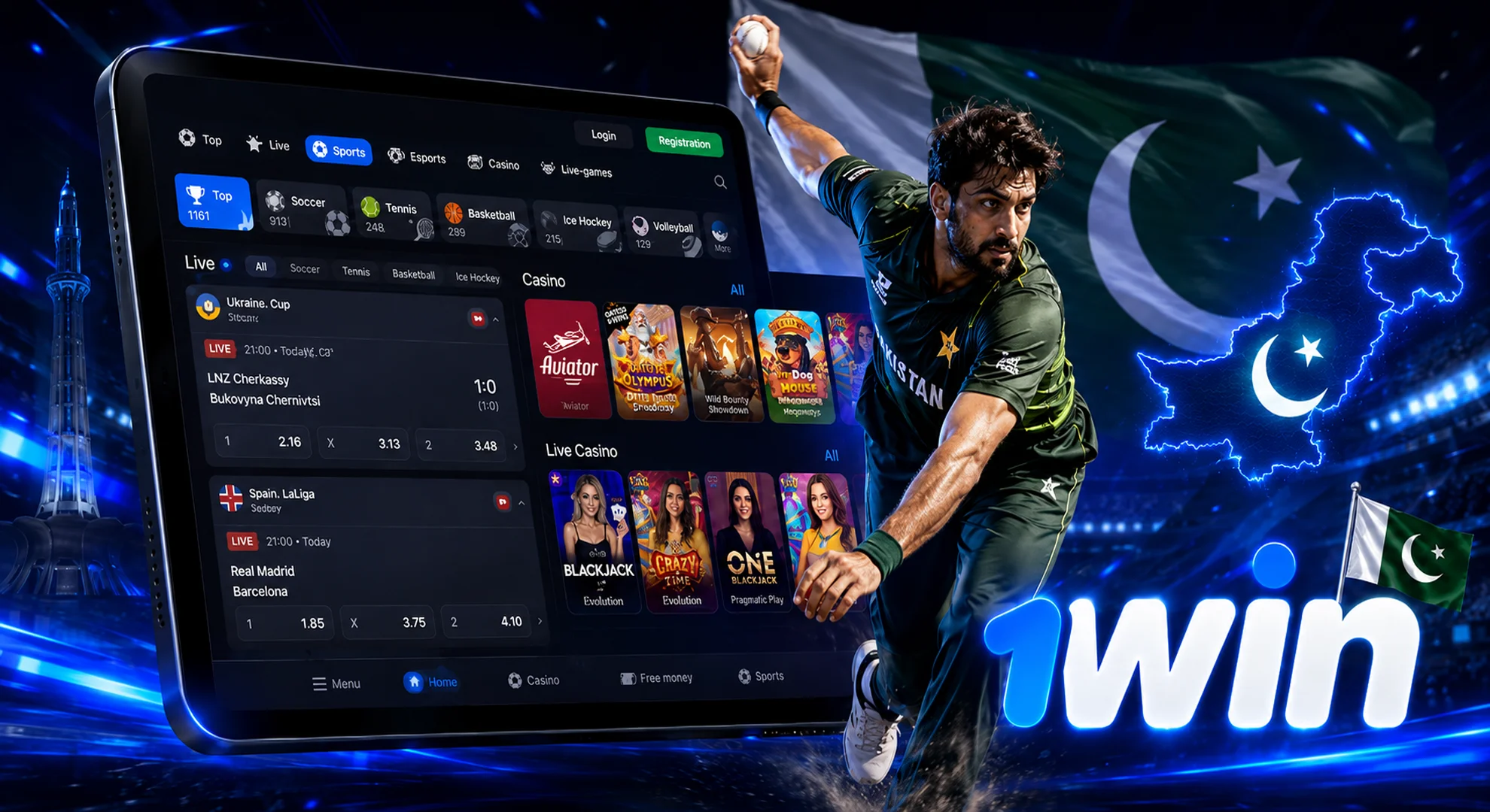 what-can-you-bet-on-at-1win Cricketer in action in front of a tablet displaying the 1win sports betting and casino app interface.