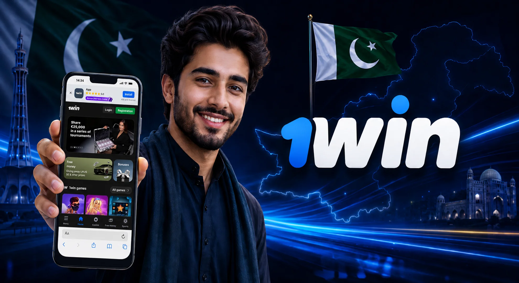 why-pakistani-players-choose-1win Smiling Pakistani man holding a smartphone with the 1win app interface next to a glowing neon 1win logo.